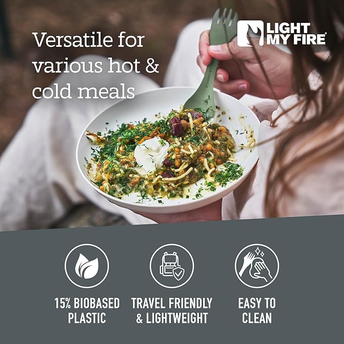 Light My Fire Spork Original 3-in-1 Camping Spoon Fork Knife Combo Reusable Travel & Camping Utensils Lunch Spork Outdoor Backpacking Hiking Picnic Utensil BPA Free, 2-Pack Green/Pink