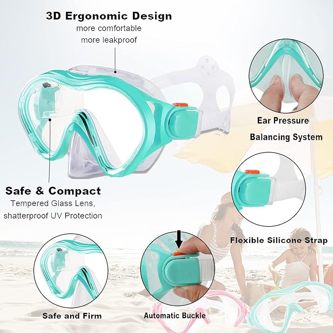Kids Mask Fins Snorkel Set Snorkeling Packages, with Diving Mask, Snorkel, Adjustable Swim Fins, Mesh Bag, Anti-Fog Anti-Leak Snorkeling Gear for Kids for Snorkeling Swimming Diving