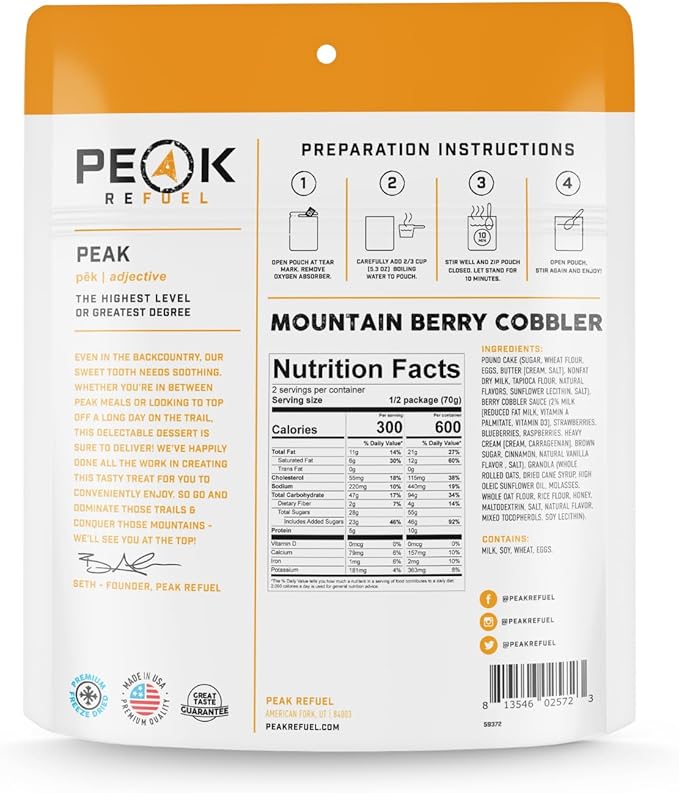 Peak Refuel Cobbler | Protein | Calories | 100% Real Ingredients | Premium Freeze Dried Backpacking & Camping Food | 2 Servings | Ideal MRE Survival Meal or Dessert