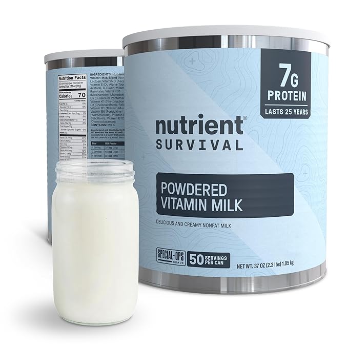 Nutrient Survival Vitamin Powdered Milk, Freeze Dried Prepper Supplies & Emergency Food Supply, 21 Essential Nutrients, Soy & Gluten Free, Shelf Stable Up to 25 Years, One Can, 50 Servings