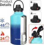 Water Bottle Insulated 32oz 40oz 64oz 128oz Straw Lid Spout Lid & 3 Lids, Leak Proof, Vacuum Insulated,Stainless Steel Water Bottle Wide Mouth for Sports, Gym or Office
