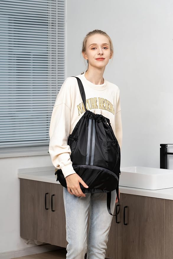 Valleycomfy Sports Drawstring Backpack - Water Resistant String Bag with Side Mesh Pockets Shoe Compartment Gym Backpack for Women & Men Grey