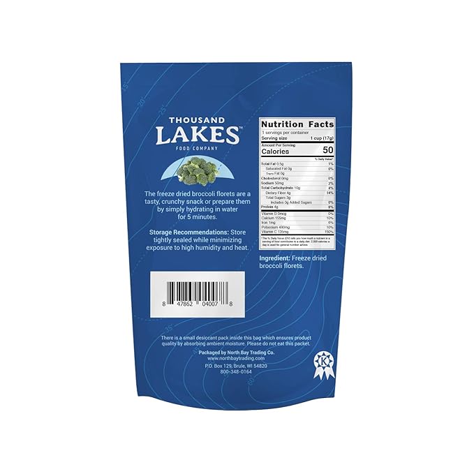 Thousand Lakes Freeze Dried Vegetables - Broccoli Florets 8-pack 0.6 ounces (4.8 ounces total) | 100% Florets - No Stems | No Salt Added