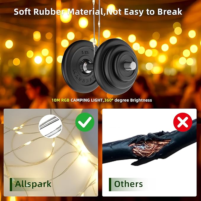 Allspark Camping String Lights, 4 in 1 Quick Storage 32.8FT Rechargeable Waterproof LED Hanging Light with 8 Lighting Modes, Hanging Portable LED Lamp for Outdoor Patio Awning Garden Party Essential