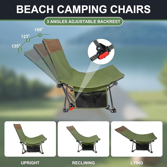 Compact Backpack Beach Chairs 2 Pack with Adjustable Backrest & Side Pocket, Low Folding Camping Chairs for Adults, Portable Reclining Chairs for Beach, Lawn, Travel