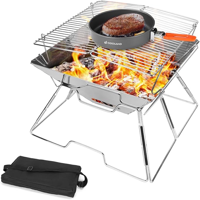 Odoland Folding Campfire Grill, 304 Stainless Steel Grate Barbeque Grill, Portable Camping Grill with Legs for Picnics, Backpacking, Outdoor with Carrying Bag and Kitchen Tongs