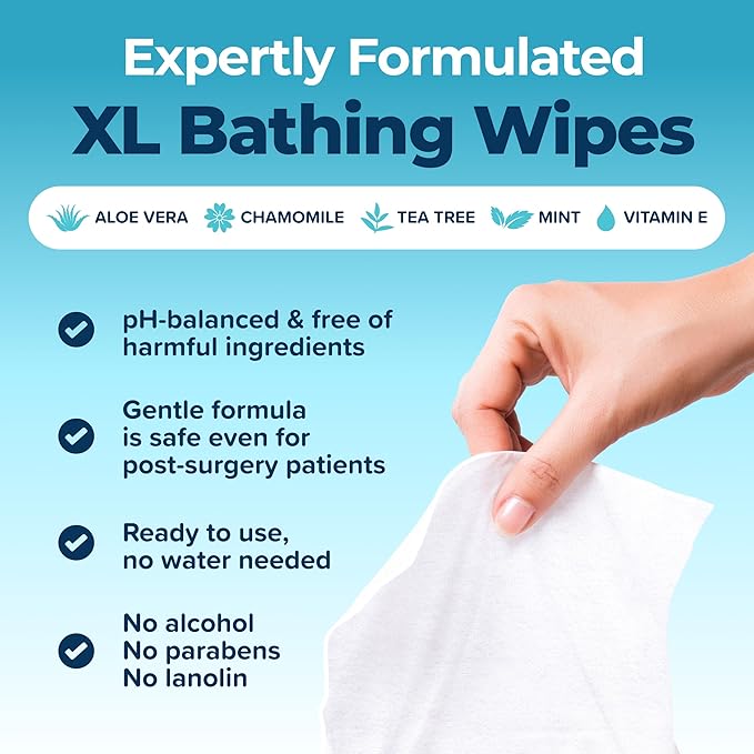 Body Wipes For Adults Bathing No Rinse 50pc XL - Ultra Thick Shower Wipes For Men Women - Hygiene, Personal Cleansing & Camping Essentials, Elderly Care, Travel, Incontinence Disposable