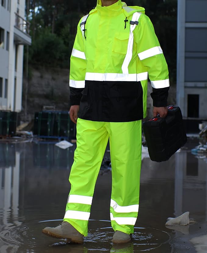 sesafety Hi Vis Rain Jacket, Rain Suits for Men Waterproof withBlack Bottom, Rain Coats for Men Interior Mesh, Class 3 HighVisibility Rain Gear,Removable Hood