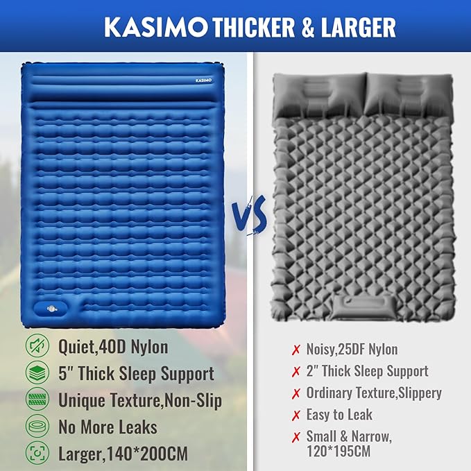 KASIMO Double Sleeping Pad for Camping,5" Ultra-Thick 1.4x2M for 2 Person with Pillow Built-in Foot Pump Inflatable Sleeping Mat for Backpacking, Hiking, Traveling, Tent, Portable Camping Mat