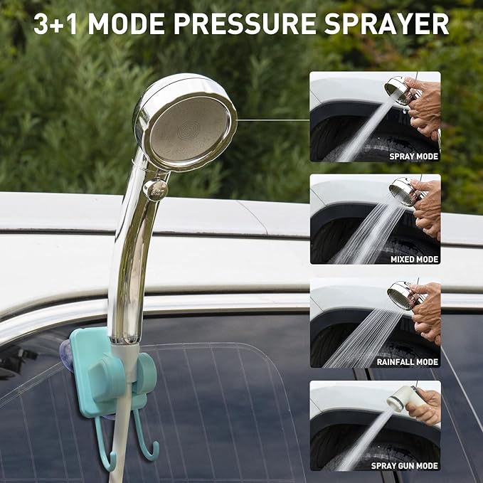 Portable Hot Shower for Camping Shower Tent Kit, 1000W Immersion Heater, Rechargeable Camping Shower Pump, Pop Up Shower Tent with 6.6 Gallons Folding Bucket for Adults Outdoor