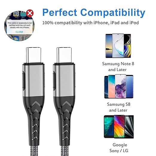Durcord USB C to USB C Cable, 2Pack 100W 6ft USB C Charger Cable Fast Charging for Android/Phone/Pad, Type C to Type C Charger Braided USB Cable Compatible withi Phone 15 Pro Plus Max Silver