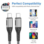 Durcord USB C Charger Cable Fast Charging, 2Pack 60W 6ft USB C to USB C Cable for Android Phone Pad, Type C to Type C Charger Braided USB Cable Silver Compatible with iPhone 15/Pro/Plust/Max Silver