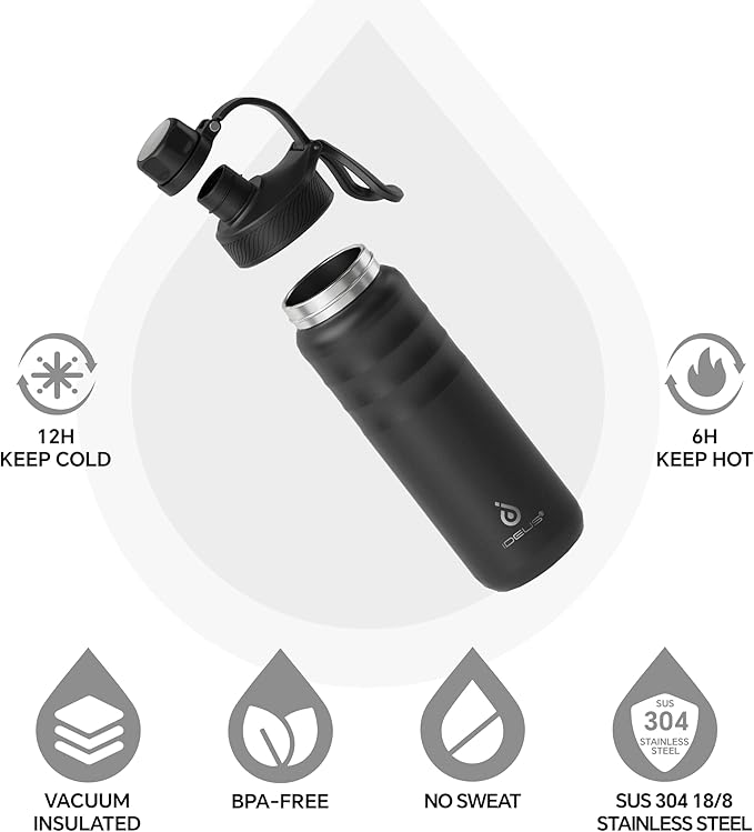 IDEUS Insulated Stainless Steel Water Bottle with 2 Leak-Proof Lids, Thermal Water Flask for Hiking Biking, 24oz, Black