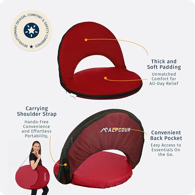 Alpcour Folding Stadium Seat – Deluxe Outdoor Camping Reclining Waterproof Cushion Chair for Bleachers – Best 6-Position Back Support Picnic Bleacher Seats w/Extra Thick Padding for Support & Comfort