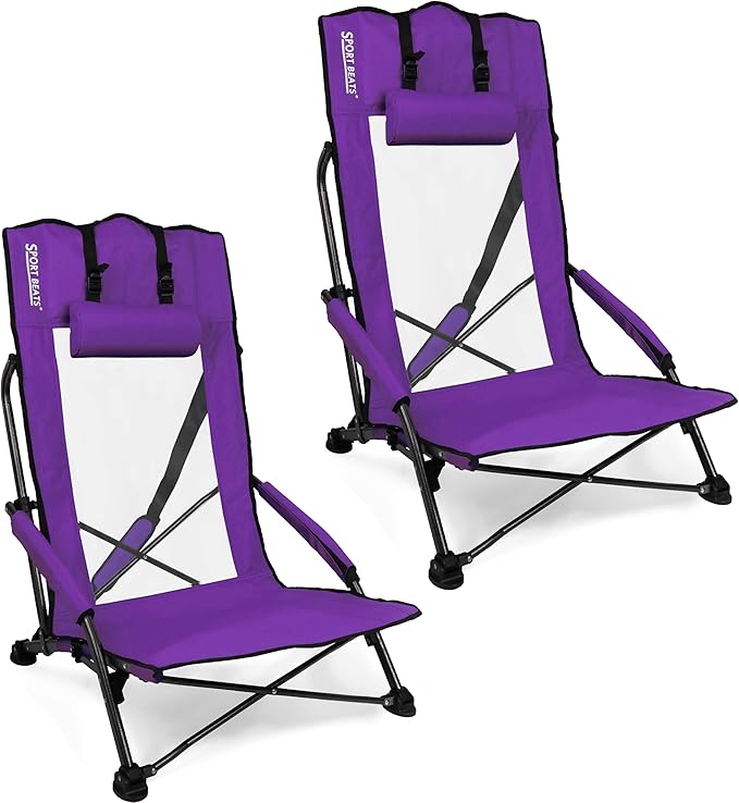 SPORT BEATS Low Beach Chairs Set of 2 Folding Beach Chairs High Back Support with Head Pillows Shoulder Straps