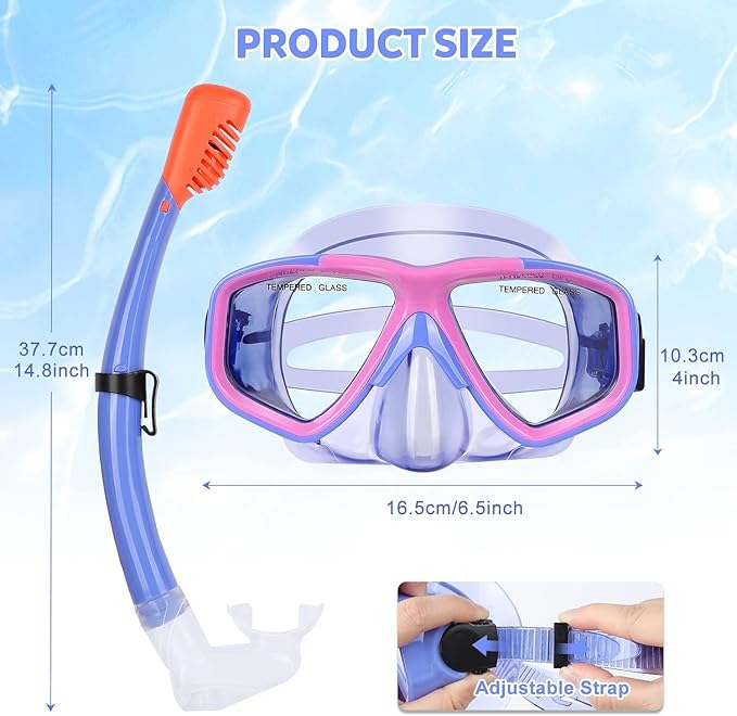 Youth Snorkel Set for Ages 7-16, Snorkeling Gear for Kids with Panoramic View Mask Anti-Fog Anti-Leak Full Dry Top Snorkel Fins Travel Bag for Swimming Diving