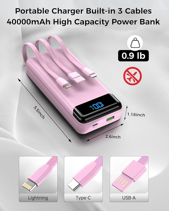 Portable Charger 40000mAh Power Bank Built-in Cable Battery Pack, PD 22.5W Fast Charging Portable Phone Charger 4 Output 3 Input, Compatible with iPhone 16 15 14 13 Samsung Google iPad (Pink)