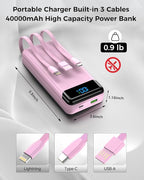 Portable Charger 40000mAh Power Bank Built-in Cable Battery Pack, PD 22.5W Fast Charging Portable Phone Charger 4 Output 3 Input, Compatible with iPhone 16 15 14 13 Samsung Google iPad (Pink)