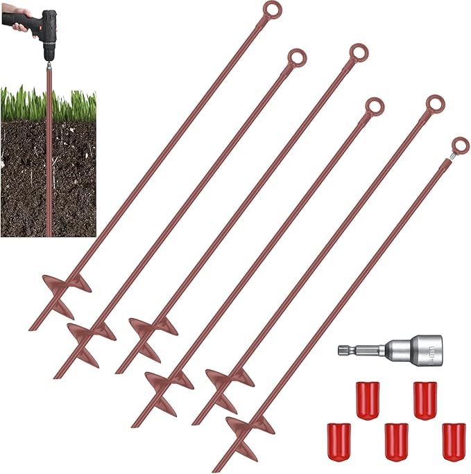 Lasnten 6 Pcs 30 Inch Heavy Duty Ground Anchor Spiral Blade Earth Anchor Kit Metal Anchor Hook Beach Sand Stakes Camping for Securing Animals, Shelters, Tents, Canopies (Brown)