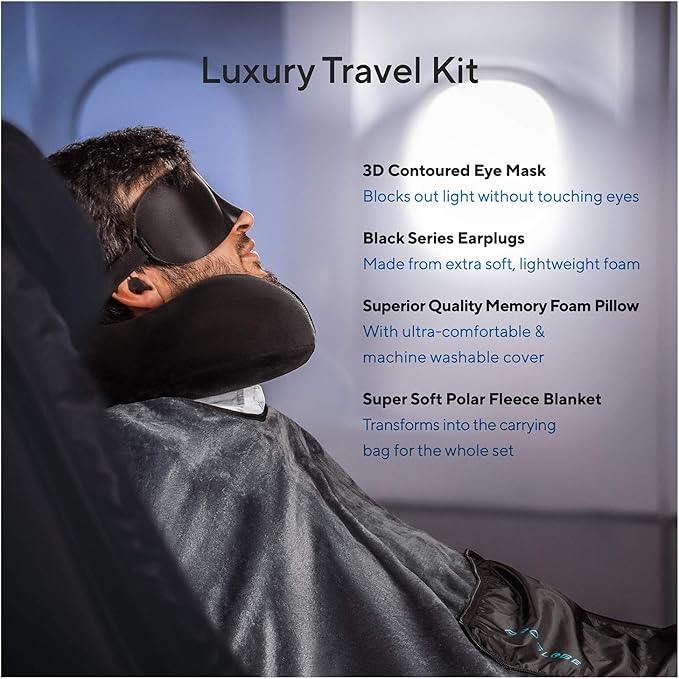 Travel Blanket Luxury Travel Set - Ergonomic Airplane Neck Pillow 100% Pure Memory Foam and Super Soft Fleece Blanket - Premium 3D Sleep Mask & Earplugs - Ultimate 4-in-1 Traveling Kit Black