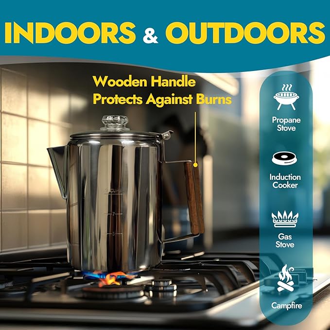 CANWAY Percolator Coffee Pot & Portable Camping Stove Set for Backpacking Hiking Stainless Steel Mini Wood Burning Stove 9 CUP Camping Stovetop Coffee Maker Outdoor Home with Carry Bag