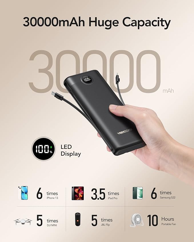 VEEKTOMX Portable Charger,30000mAh Power Bank with Built-in Cable and 22.5W Fast Charging,Travel Camping Essential,for iPhone 17/16/15/14, Android, etc(1 Pack)