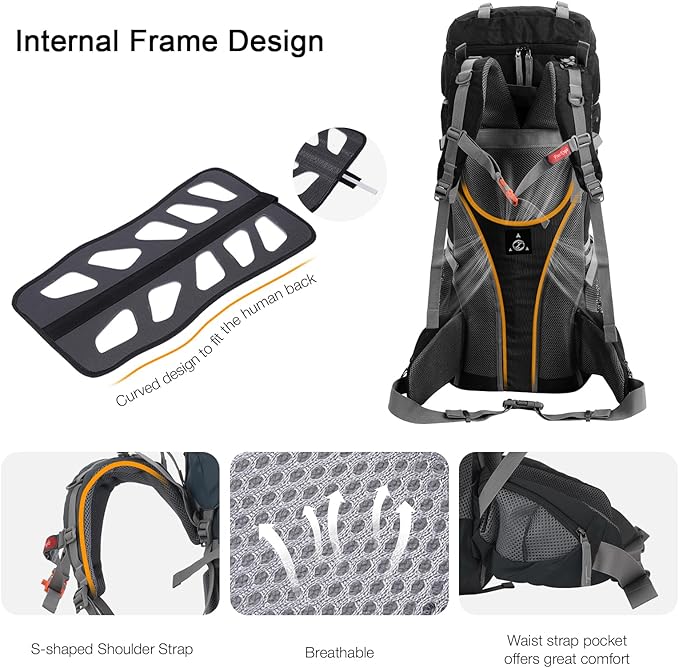 60L Lightweight Internal Frame Backpacking Hiking Backpack with Rain Cover for Men Women, Large Camping Backpack, Black
