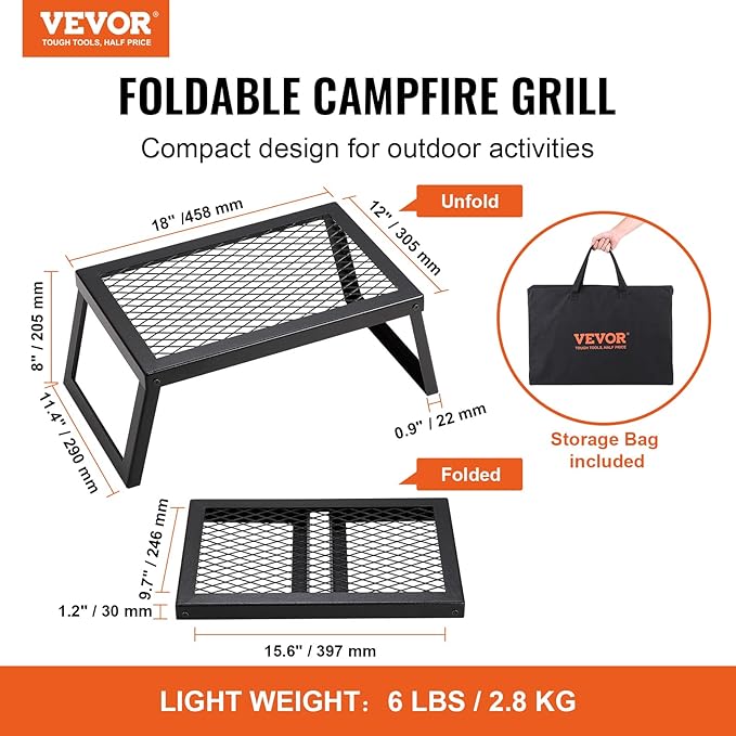 VEVOR Folding Campfire Grill, 18" Portable Camping Grates Over Fire Pit, Heavy Duty Steel Mesh Grate, Camp Fire Cooking Equipment with Legs Carrying Bag, Grilling Rack for Outdoor Open Flame Cooking