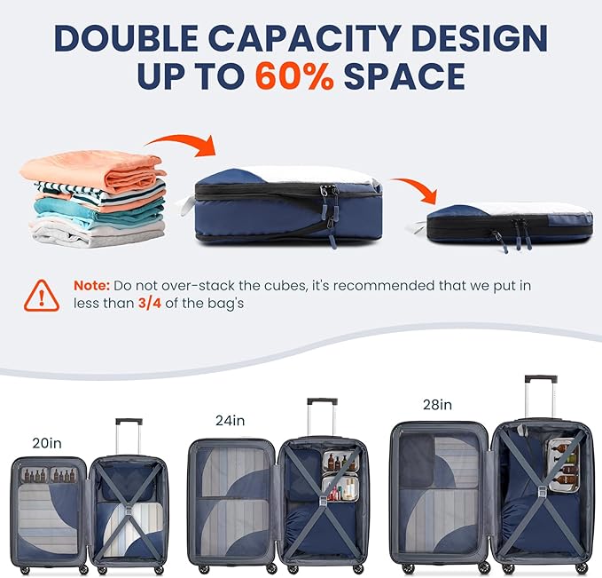 10 Set Compression Packing Cubes, Lightweight Travel Essentials, Stretchable Expandable Storage Bags, Compression Bags for Travel Accessories Luggage Storage Set (10 Pcs, Navy Blue)