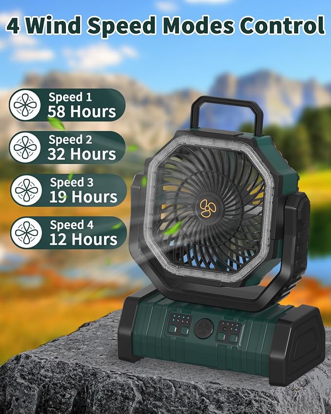 ADUST Camping Battery Operated Powered Fan with LED Lantern Light 20000mAh Rechargeable Portable, Oscillating Fan with 360° Rotation Hanging Hook for Tents, Cordless USB Desk Fan(Blackish Green)