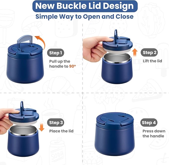 14oz Insulated Vacuum Food Jar with Buckle Lid,Soup Thermo for Hot Food Kids,Wide Mouth Leakproof Stainless Steel Lunch Container with Spoon-Blue