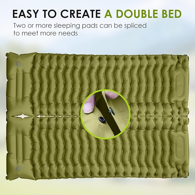 Self Inflating Sleeping Pad for Camping, Portable 4" Extra-Thick Camping Cots for Adults with Pillows & Built-in Foot Pump, Ultralight Camping Mattress for Tent Hiking Essentials Gear (Green, Single)