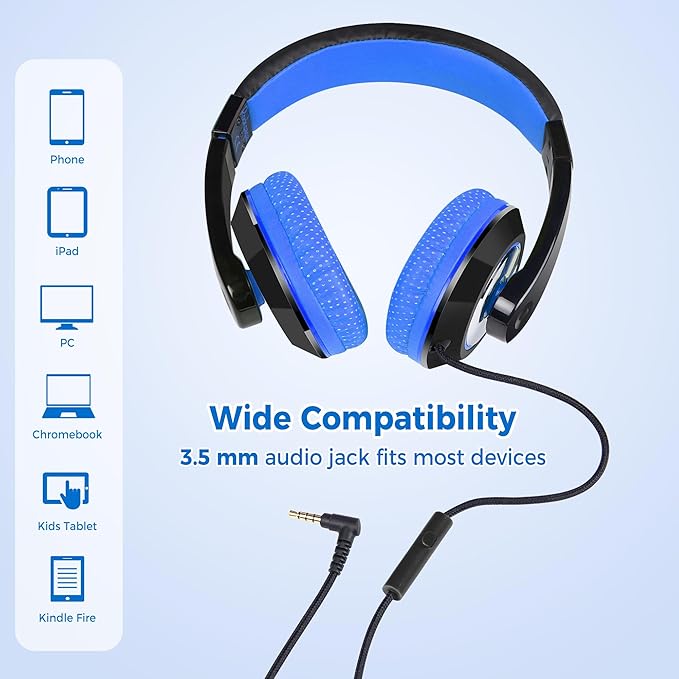rockpapa Comfort+ Kids Headphones with Microphone, Boys Girls Student Over-Ear Headphones Wired Foldable for School Classroom Laptop PC Computer Tablet Black Blue