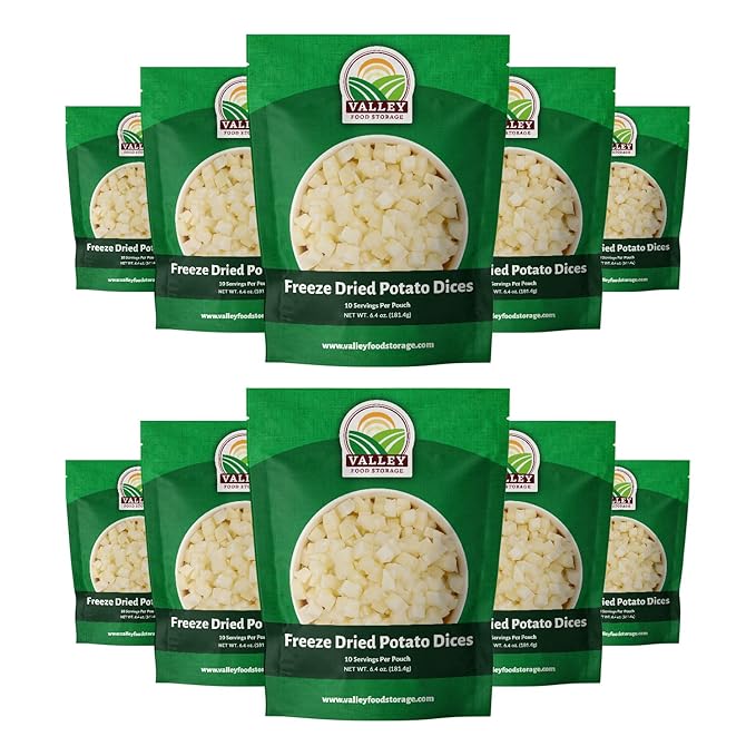 Freeze Dried Diced Potatoes 10-Bag Bucket, 64 Oz | Premium Emergency Food Supply 25 Year Shelf Life | Prepper Supplies, Survival Food, Off Grid Living Supplies | Valley Food Storage Packaged in USA