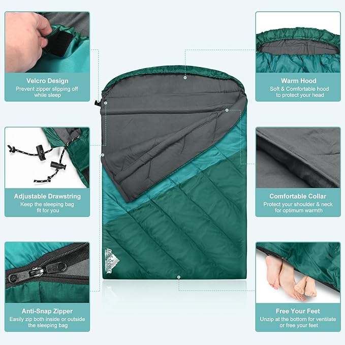 AGEMORE Sleeping Bag for Adults, Single and Double Size, Lightweight Waterproof XXL Sleeping Bag for Adults Kids Couples Camping Hiking Backpacking Or Traveling, Warm & Cold Weather