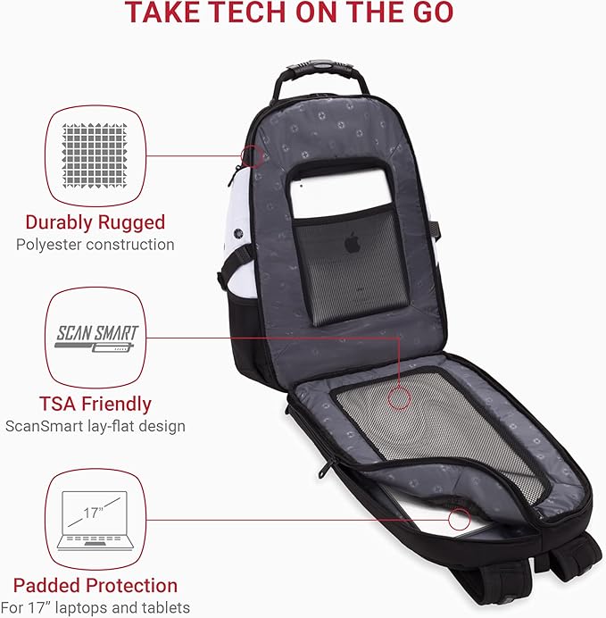SwissGear 1900 ScanSmart 17” Laptop Backpack White/Black – Reflective Tech Backpack with ScanSmart Compartment – Multiple Organizer Pockets & RFID Scan Blocking Technology