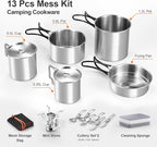 Odoland 13pcs Stainless Steel Camping Cookware Camping Pots and Pan Set with Portable Camping Stove Camping Mess Kit with Cups Forks Knives Spoons for Hiking Backpacking and Picnic