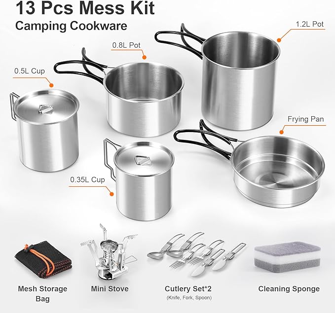 Odoland 13pcs Stainless Steel Camping Cookware Camping Pots and Pan Set with Portable Camping Stove Camping Mess Kit with Cups Forks Knives Spoons for Hiking Backpacking and Picnic