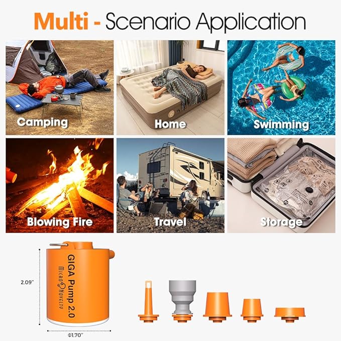 Portable Air Pump for Inflatables, Ultra-Light 2.8oz Rechargeable Mini Air Mattress Pump with Camping Light, Inflate Deflate for Air Mattress,Pool Floats, Vacuum Storage Bags