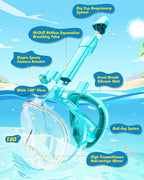 QingSong Kids Snorkel Mask Full Face, Snorkeling Set with Camera Mount, Foldable 180 Degree Panoramic View Snorkeling Gear Anti-Fog Anti-Leak