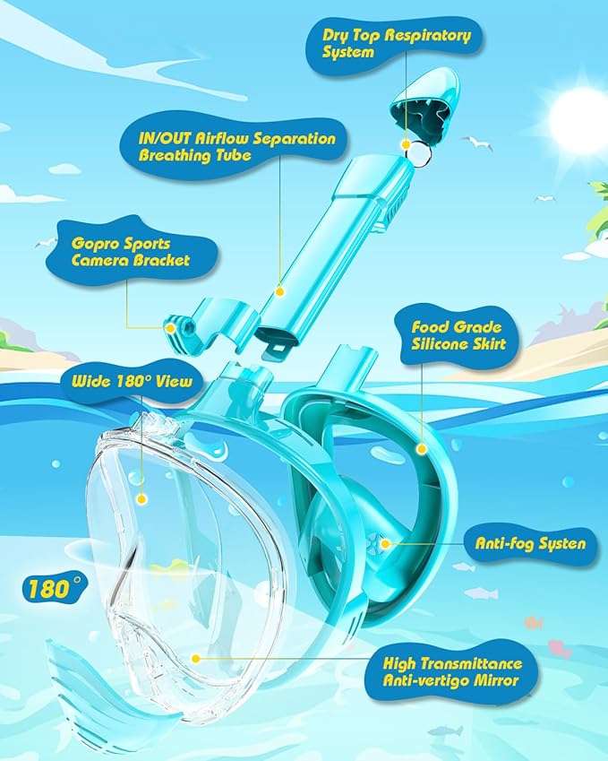 QingSong Kids Snorkel Mask Full Face, Snorkeling Set with Camera Mount, Foldable 180 Degree Panoramic View Snorkeling Gear Anti-Fog Anti-Leak