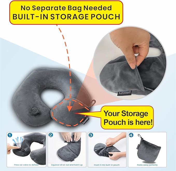 Inflatable Travel Neck Pillow, Super Soft Plane Neck Support Pillow for Travel Ariplane Sleep Support, Adjustable Neck Cushion Headrest Pillow, Folds Up Nicely, Black Grey