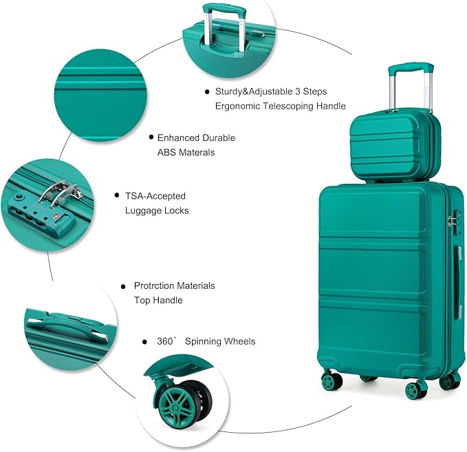 Kono Carry On Luggage Set Lightweight Airline Approved Carry On Suitcase with TSA Lock Spinner Wheels Durable Luggage Hardside Turquoise