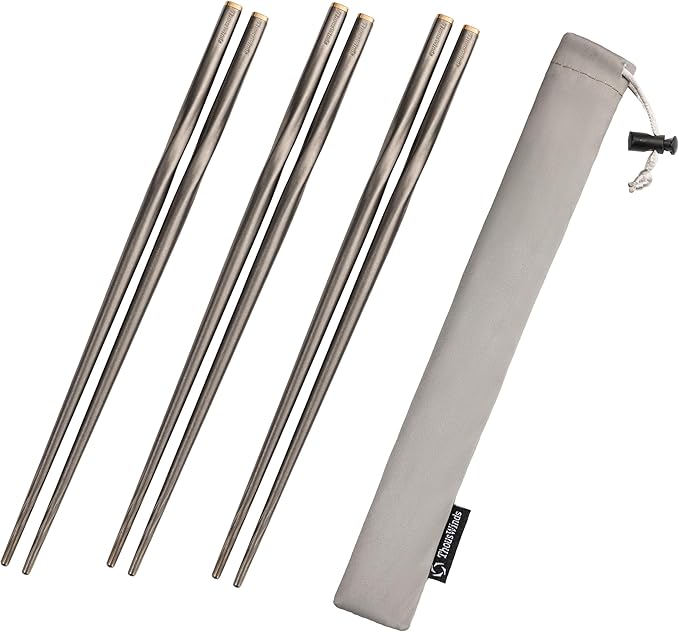 Titanium Chopsticks, Lightweight Cutlery for 3 Pairs, Camp Utensils with Storage Bag, Reusable Chopsticks for Camping Hiking Backpacking Home