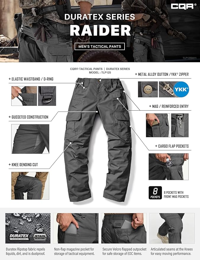 CQR Men's Tactical Pants, Water Resistant Ripstop Cargo Pants, Lightweight EDC Work Hiking Pants, Outdoor Apparel