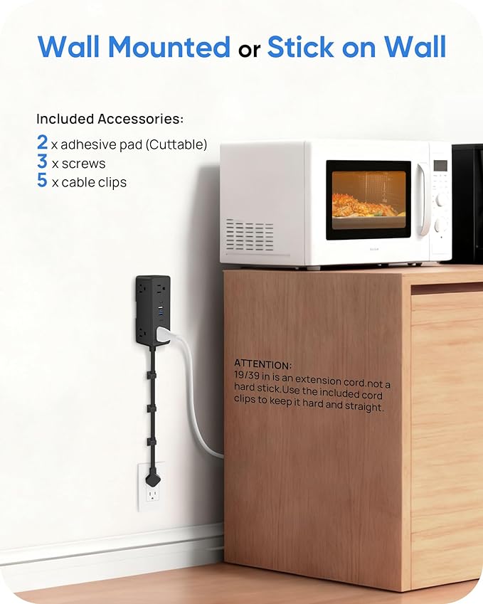 Electrical Outlet Extender Stick, Features 4 USB & 6 Outlets, 39in Flexible Extension Cord Access Hard-to-Reach Outlets, Wall Plug Power Socket Expander Nightstands Sofa Desk