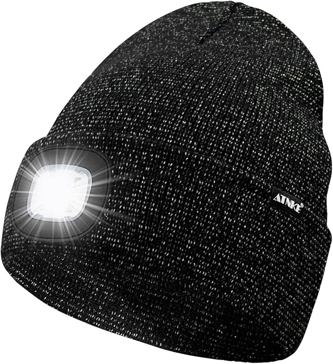 ATNKE LED Lighted Beanie Hat,USB Rechargeable 4 LED Running Headlamp Bright Cap with The Light Gifts for Men and Women