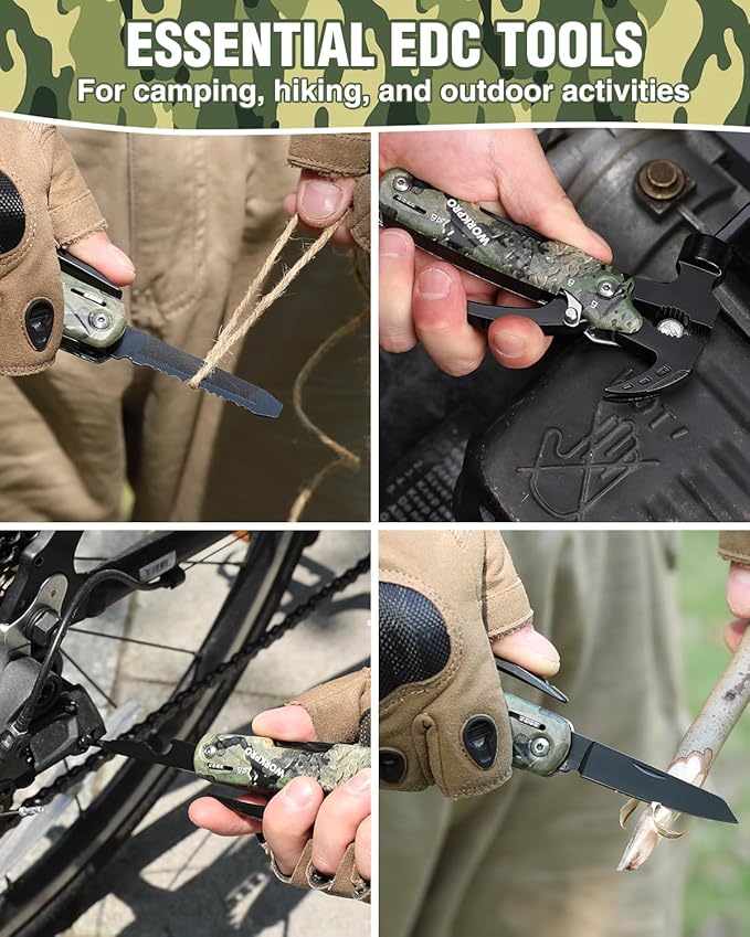 WORKPRO Multitool-12 in 1 Camping Tools with Mini Hammer-EDC Gear Multi Tools Hammer with Safety Lock and Pouch-Mini Multitools Gifts for Men and Women-Camouflage