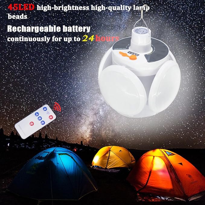 Folding Camping Solar Lamp Lights Waterproof Hanging Tent Collapsible Lantern 4000mah Remote Control Blub LED USB Rechargeable Foldable Portable for Home Indoor Outdoor Emergency Power Outage 1 Pack