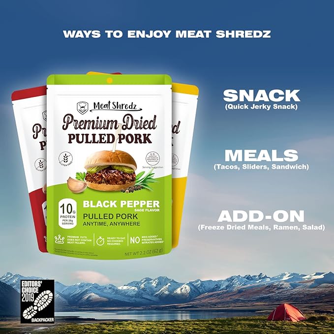 Meat Shredz - Premium Dried Pulled Pork (Variety, 6 Pack) | Gluten Free | High Protein & Low Sugar | Bacon Bits | Dehydrated Backpacking & Camping Food | Shredded, Dried Jerky Chew Snack